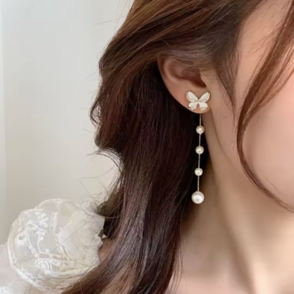 “Flutter On” Pearl Hanging 925 Sterling Silver Gold Butterfly Stud Cute Earrings - Picture 1 of 5